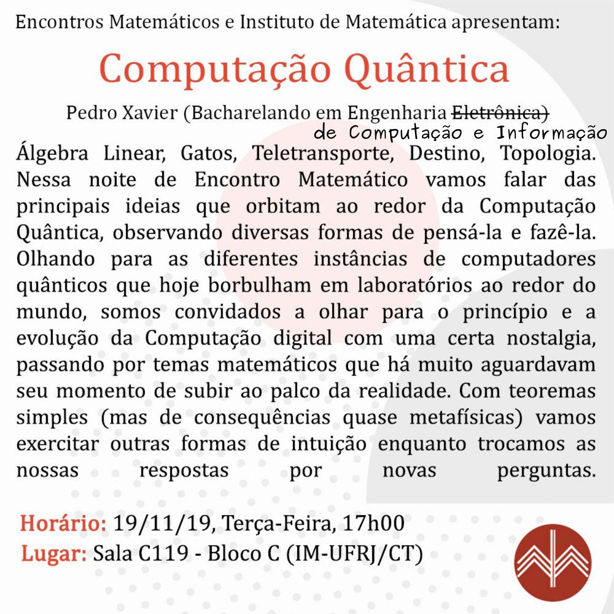 Cartaz de divulgação da palestra nos Encontros Matemáticos sobre Computação Quântica